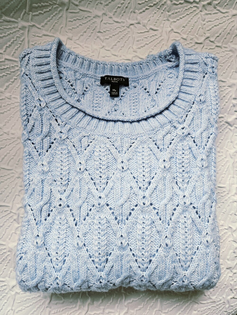 Talbots Pale Blue Pointelle Cable Knit Crewneck Pullover Sweater- Sz MP/Petite
